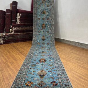 Handmade Afghan 3x14 Ft Blue Sultani Runner Rug – Floral Vegetable-Dyed Wool Chobi Waziri