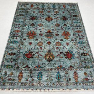 Handmade 5x7 Blue Gray Wool Area Rug Afghan Waziri Tribal Chobi Sultani Rug – Veg Dyed Nomad Wool Carpet for Bedroom or Living Room