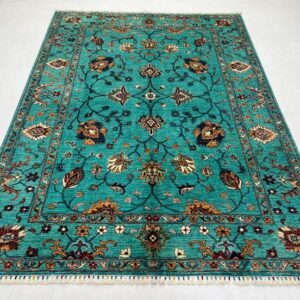 Handmade Aqua Blue Wool Rug: 6x8 Afghan Chobi Sultani Rug , Area Floral Carpet For bedroom And Living Room , Natural Wool Stunning Rug