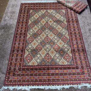 Mazar Sharif Handmade Yousuf Binama Rug – 8x10 ft (6m) | Afghan Wool Carpet in Red, White & Nili Blue