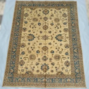 Hand-Knotted Afghan Chobi Rug – 8.11x12 ft Wool Area Rug in Beige & Blue | Vintage Floral Design