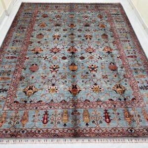 9x12 Ft Light Sky Blue Sultani Area Rug – Handmade Afghan Wool Chobi Rug – Floral Oriental Design – Large Dining Room & Living Room Carpet