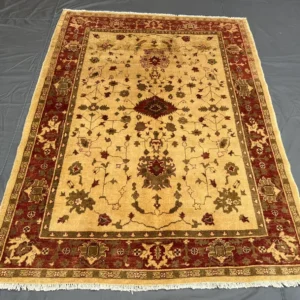 Vintage Afghan Chobi Ziegler Rug – Hand Knotted Wool, Beige & Red Floral Design (5.2 × 6.11 ft)